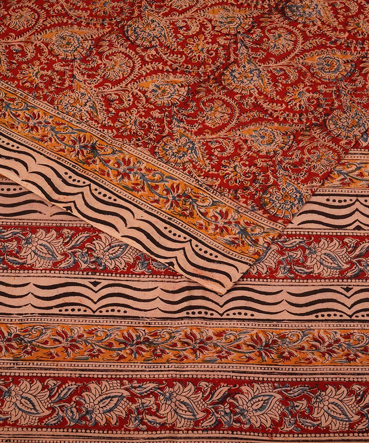 Red on beige cotton handblock printed kalamkari saree
