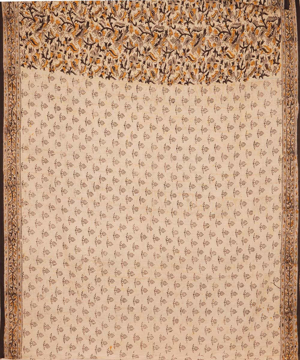Cream cotton handblock printed kalamkari saree