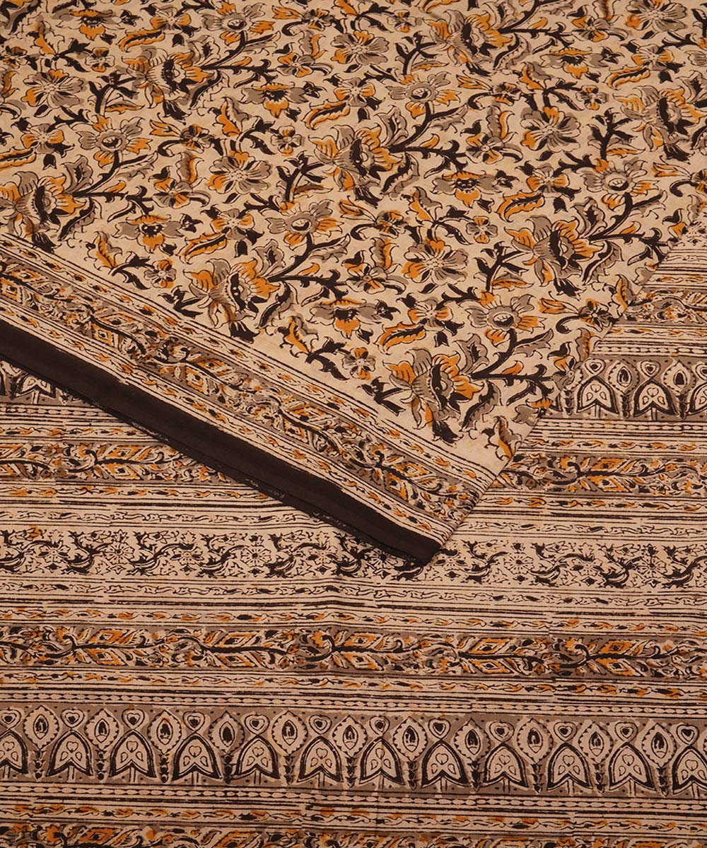 Cream cotton handblock printed kalamkari saree