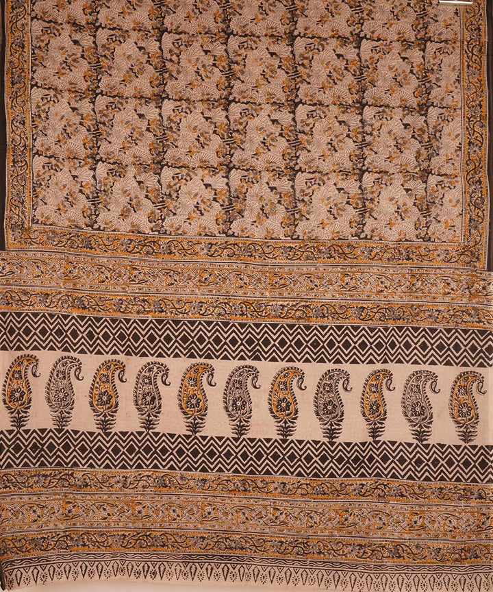 Cream beige cotton handblock printed kalamkari saree