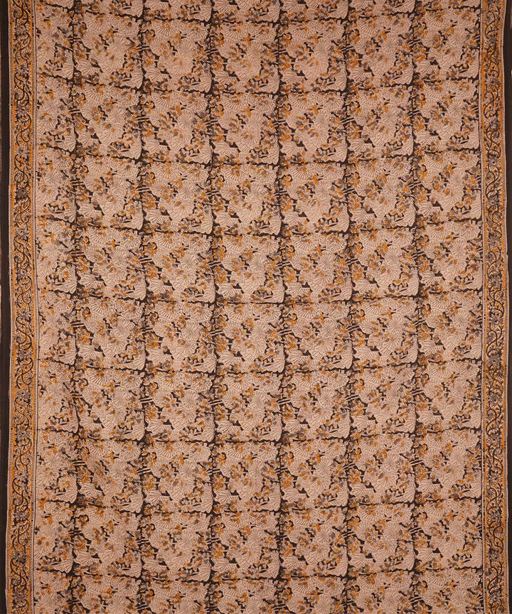 Cream beige cotton handblock printed kalamkari saree