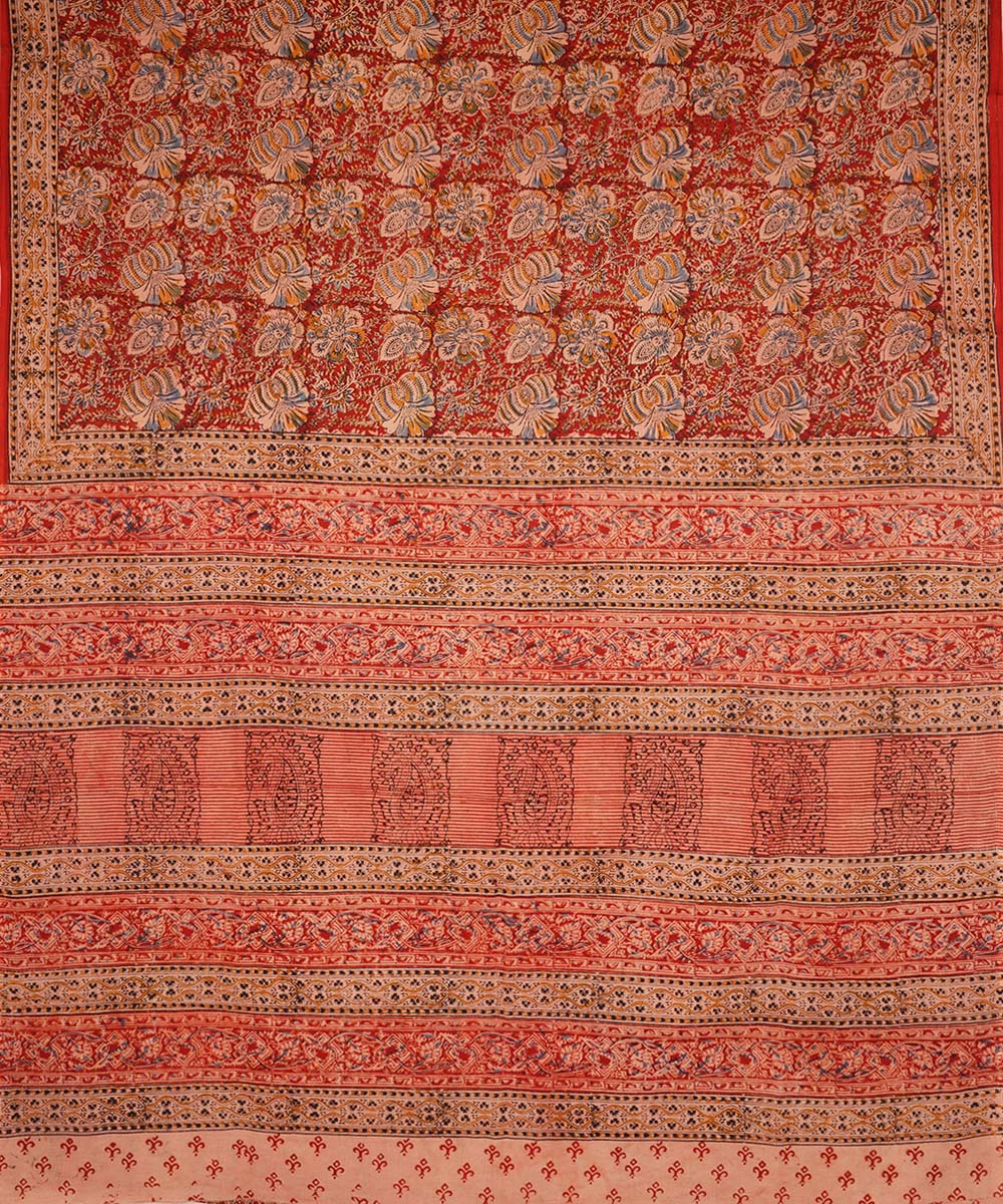 Red beige cotton hand block print kalamkari saree