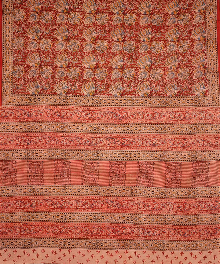 Red beige cotton hand block print kalamkari saree