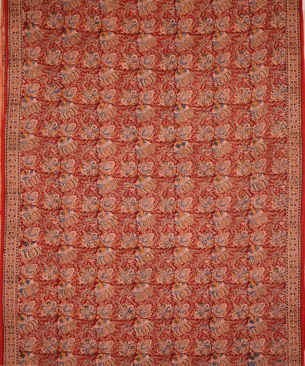 Red beige cotton hand block print kalamkari saree