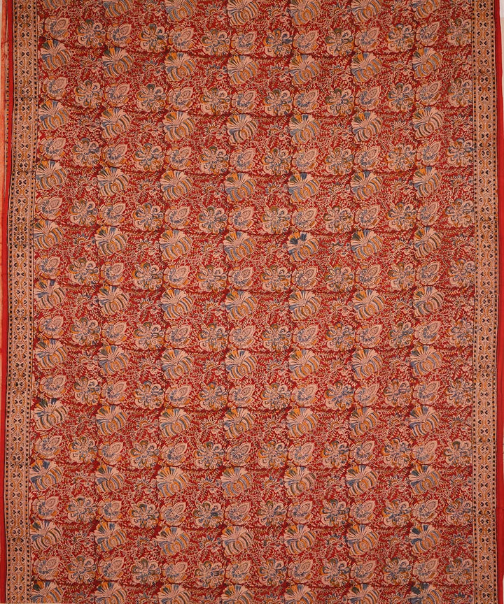 Red beige cotton hand block print kalamkari saree