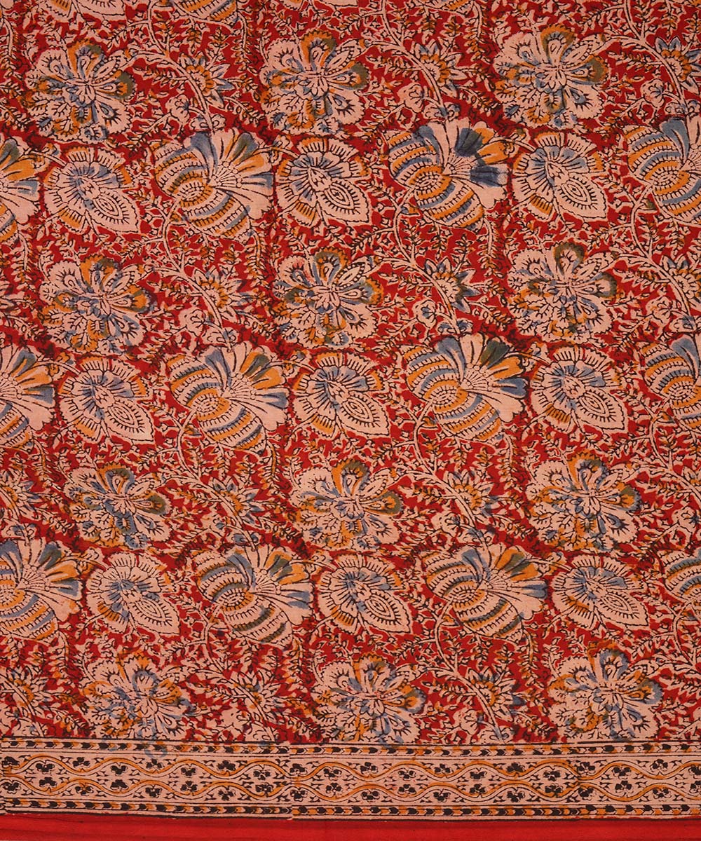 Red beige cotton hand block print kalamkari saree