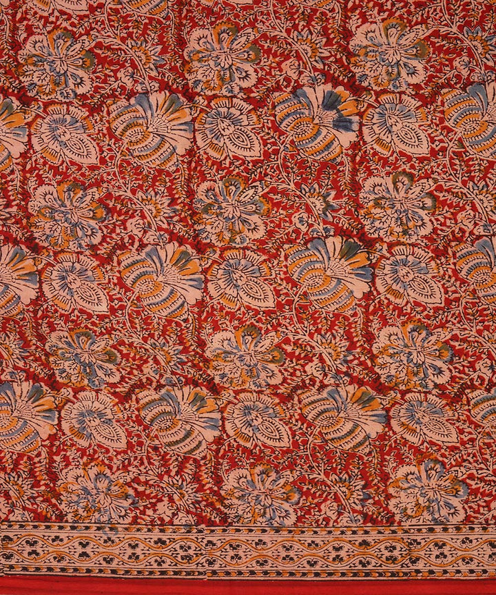 Red beige cotton hand block print kalamkari saree