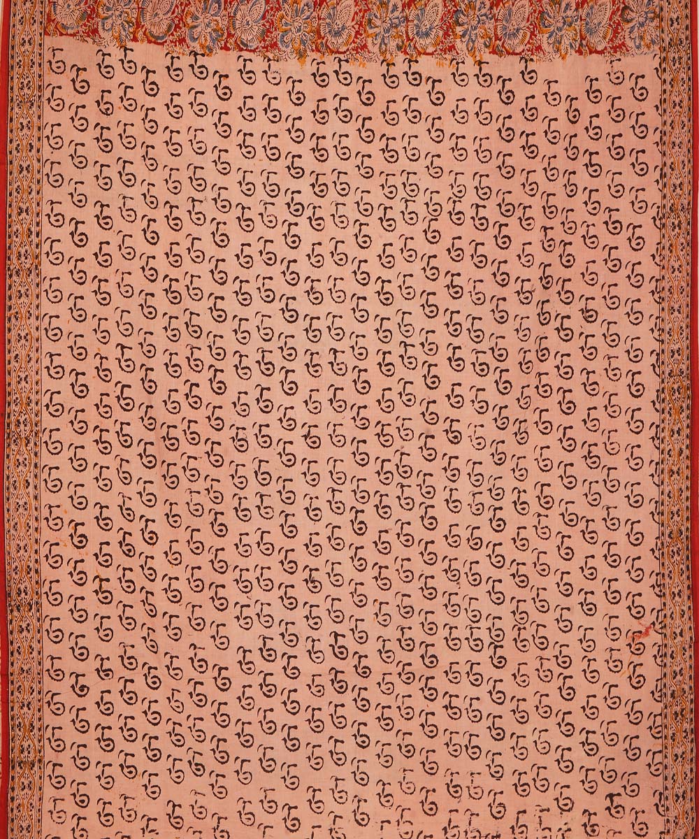 Red beige cotton hand block print kalamkari saree