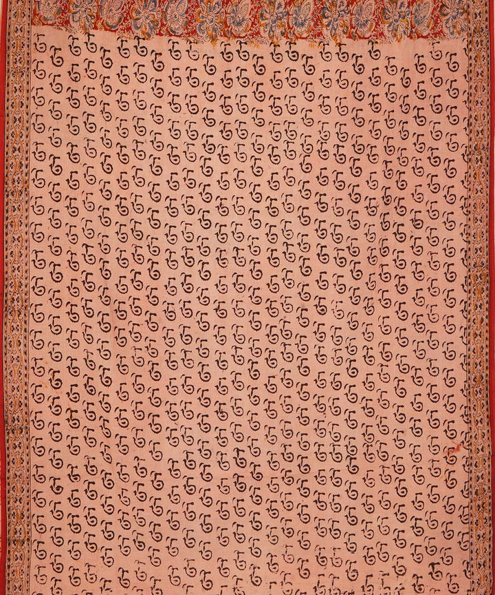 Red beige cotton hand block print kalamkari saree