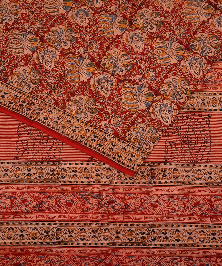 Red beige cotton hand block print kalamkari saree