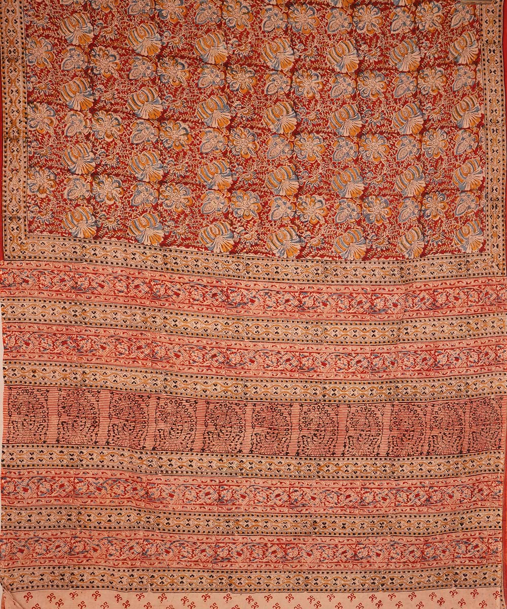 Red, orange and beige cotton handblock print kalamkari saree