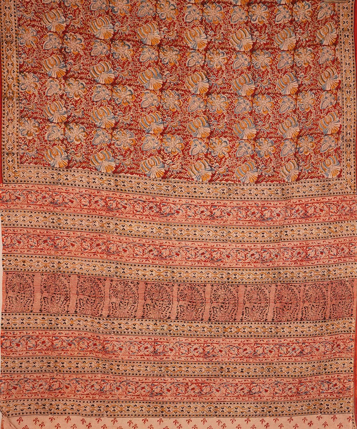 Red, orange and beige cotton handblock print kalamkari saree