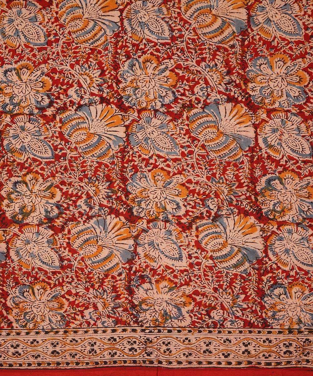 Red, orange and beige cotton handblock print kalamkari saree