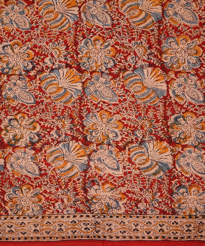 Red, orange and beige cotton handblock print kalamkari saree