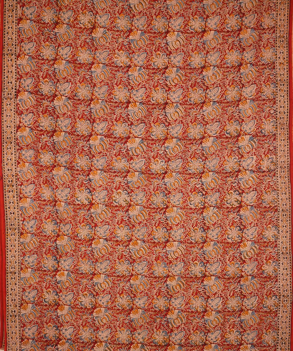 Red, orange and beige cotton handblock print kalamkari saree