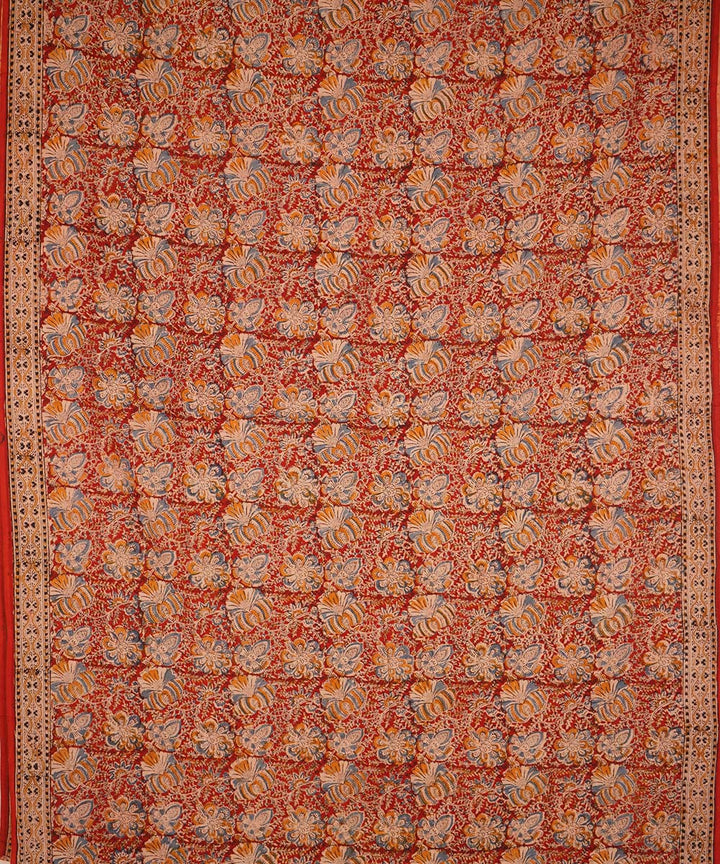 Red, orange and beige cotton handblock print kalamkari saree
