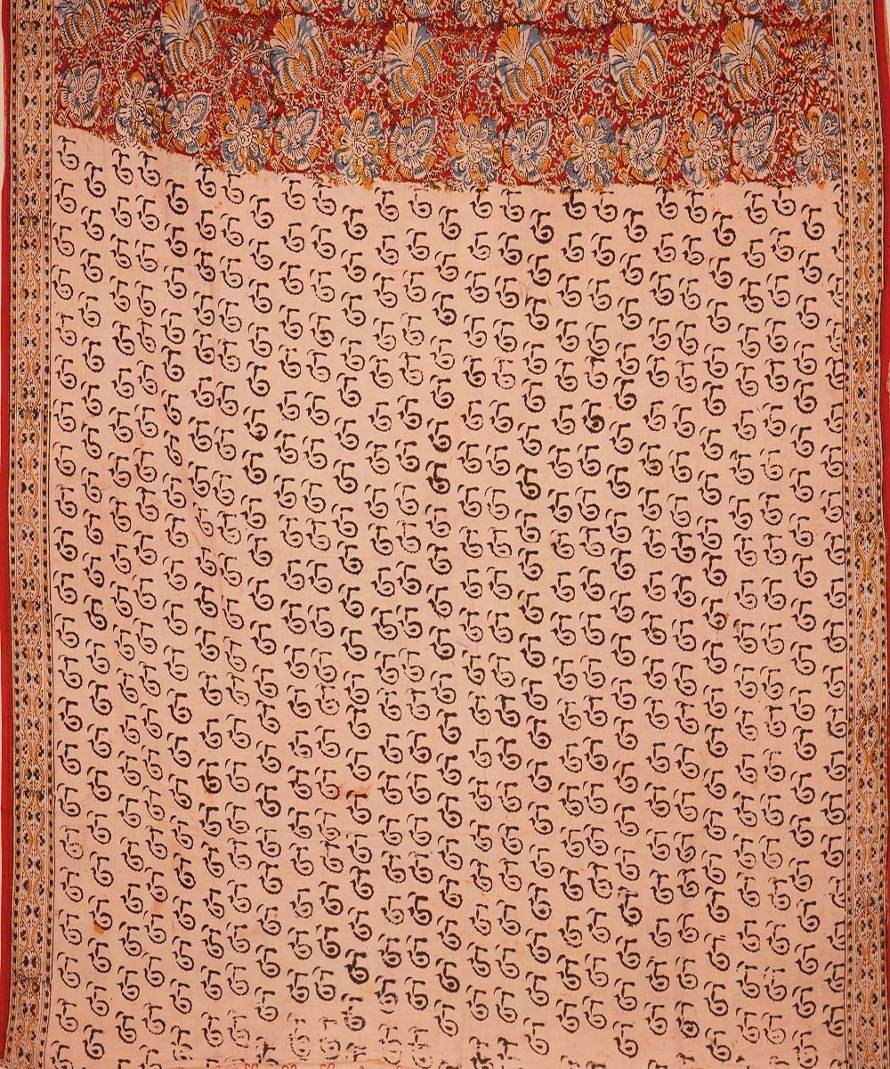 Red, orange and beige cotton handblock print kalamkari saree