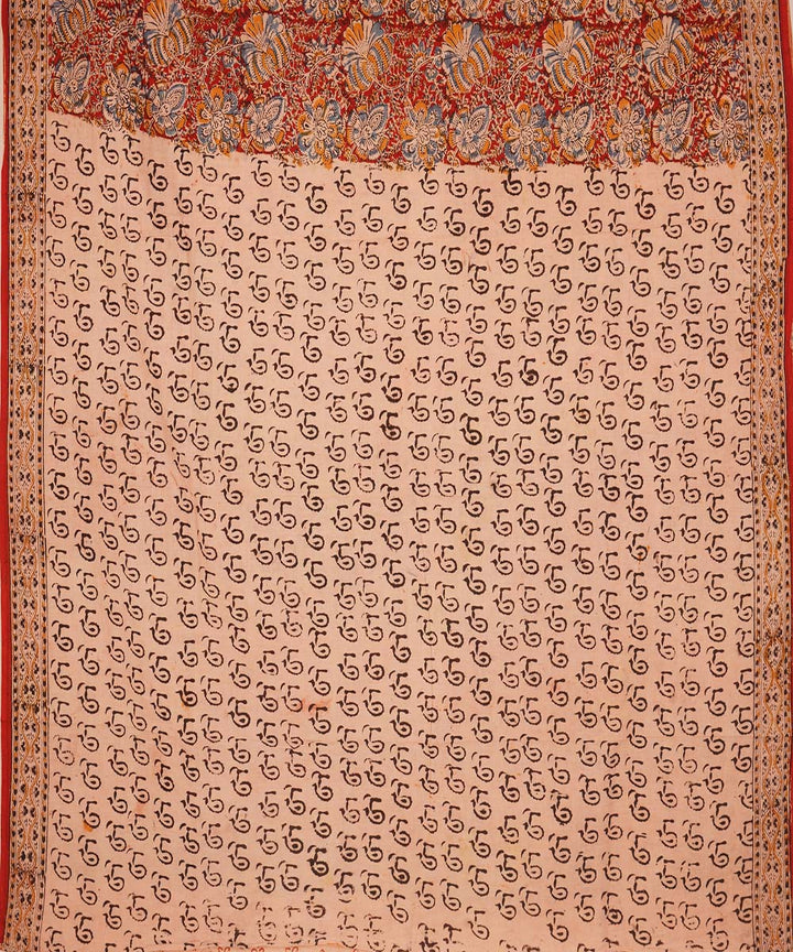 Red, orange and beige cotton handblock print kalamkari saree