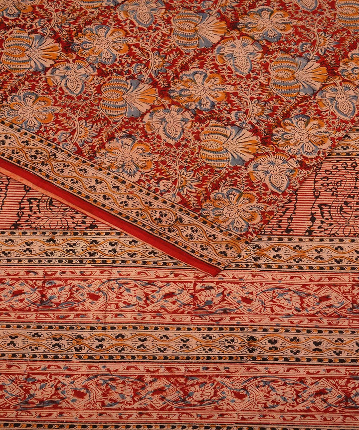 Red, orange and beige cotton handblock print kalamkari saree