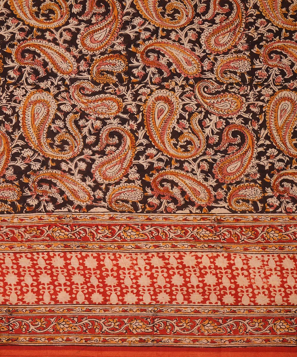 Black, red and beige cotton handblock printed kalamkari saree