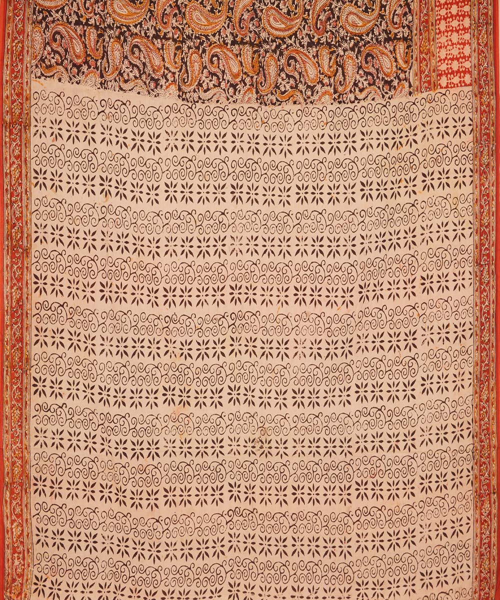 Black, red and beige cotton handblock printed kalamkari saree