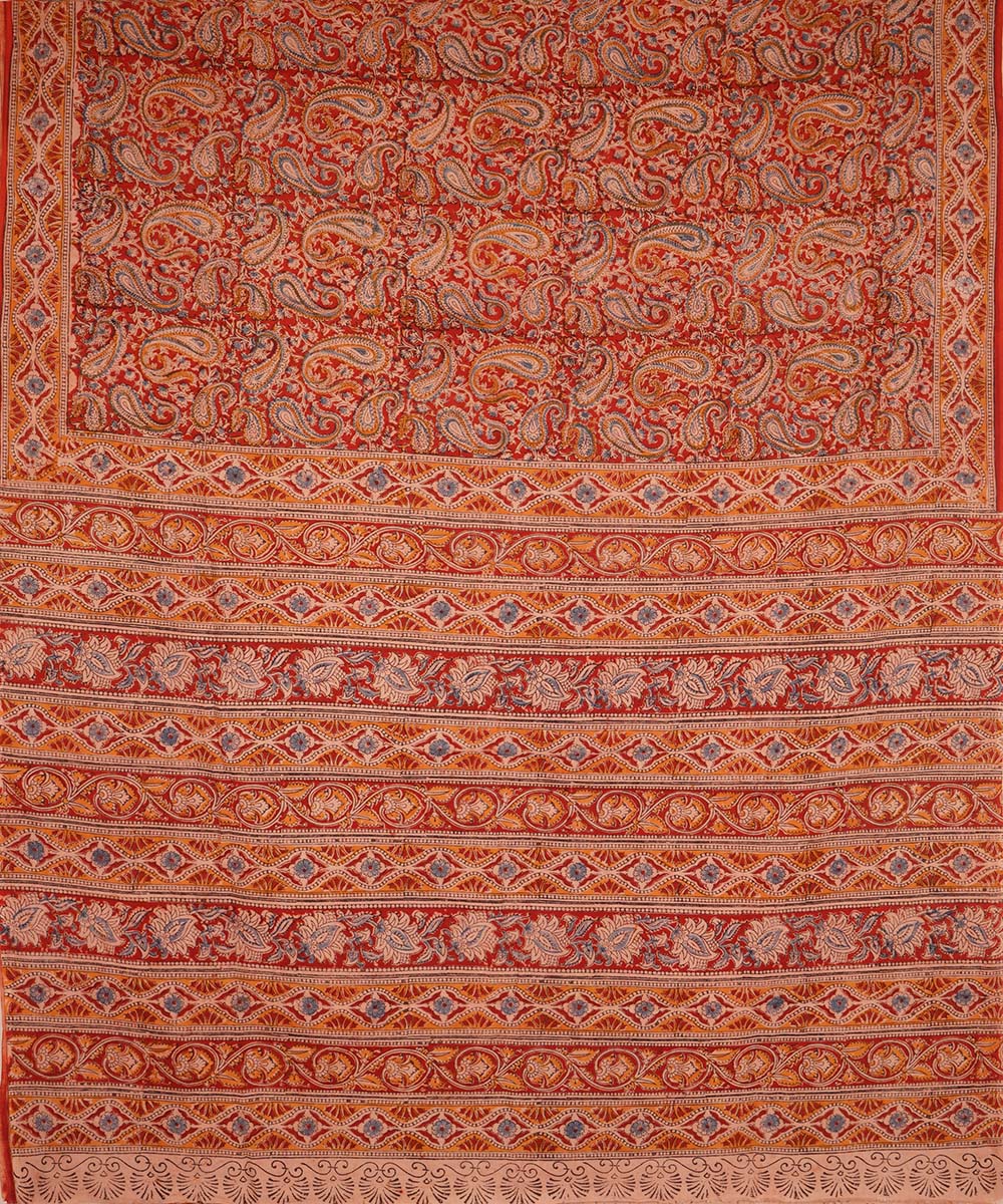 Red orange cotton handblock printed kalamkari saree