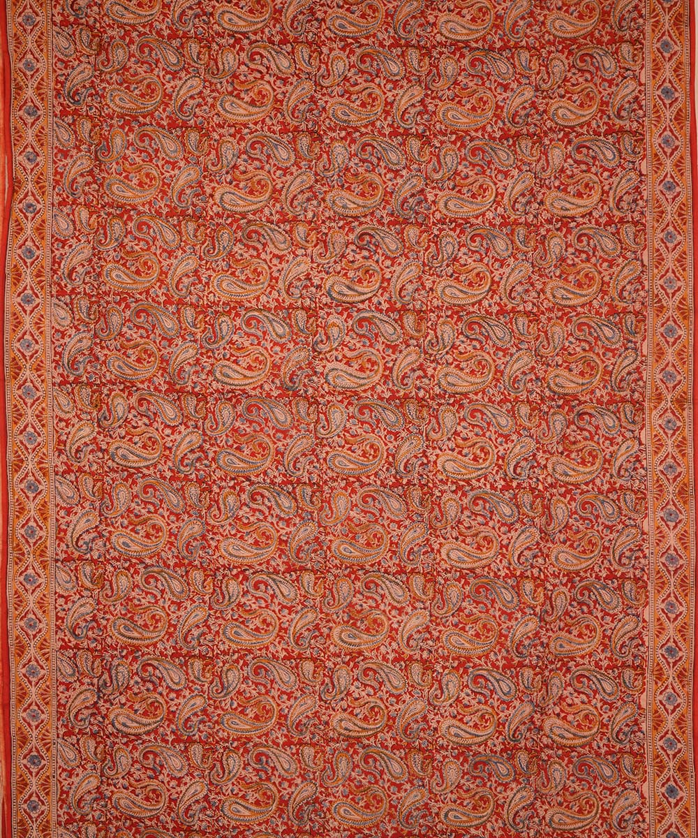 Red orange cotton handblock printed kalamkari saree