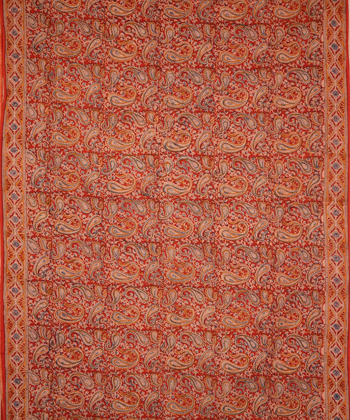 Red orange cotton handblock printed kalamkari saree