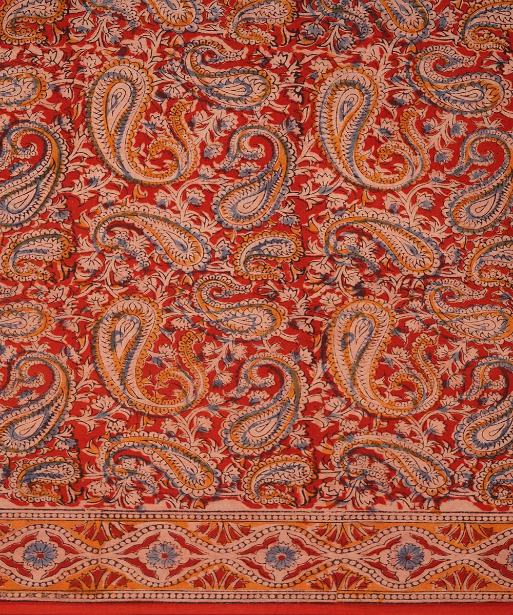 Red orange cotton handblock printed kalamkari saree