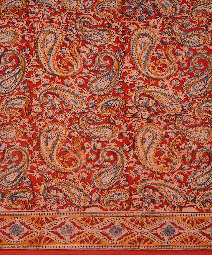 Red orange cotton handblock printed kalamkari saree