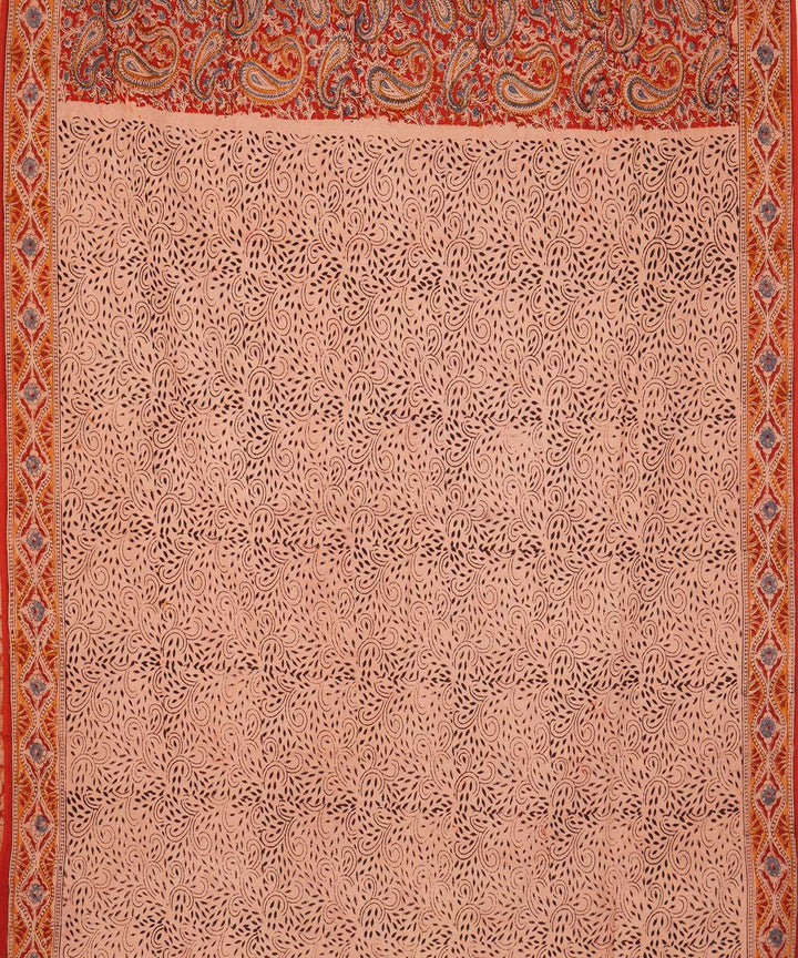 Red orange cotton handblock printed kalamkari saree