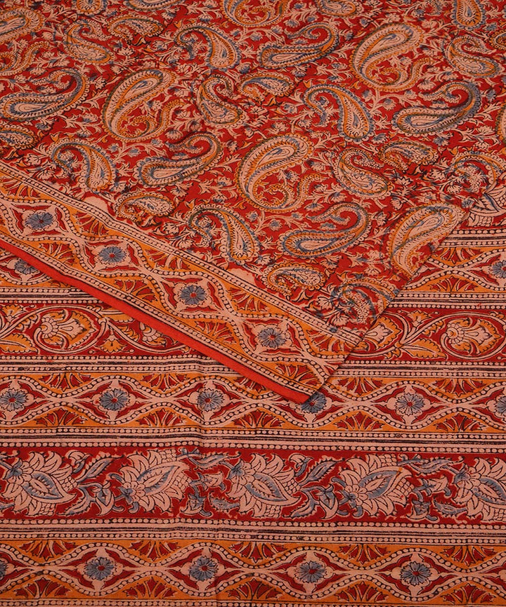 Red orange cotton handblock printed kalamkari saree
