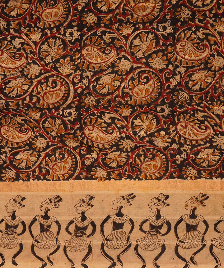 Brown, red and beige cotton handblock printed kalamkari saree