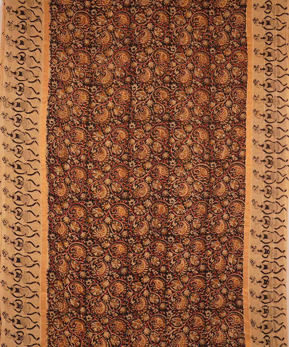 Brown, red and beige cotton handblock printed kalamkari saree