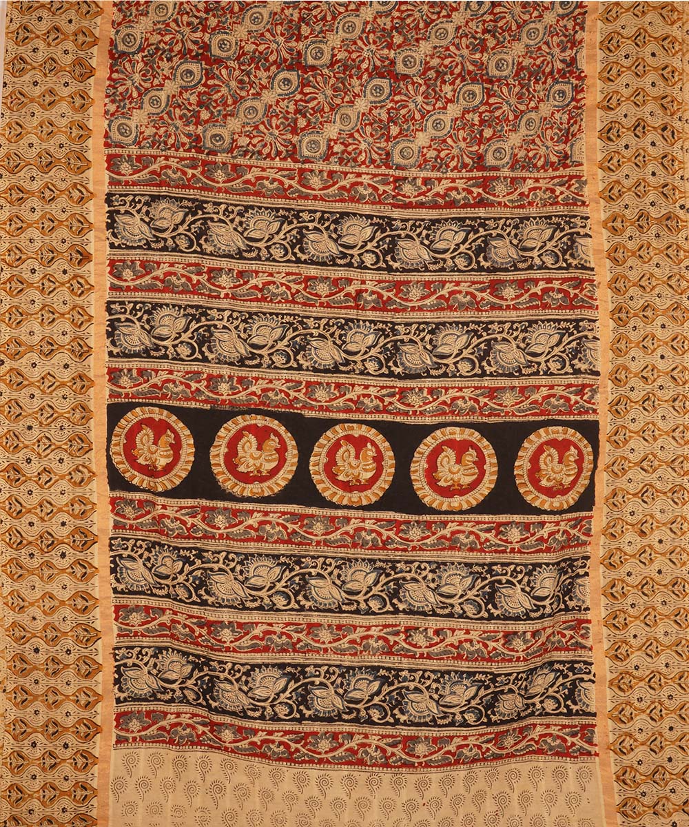 Red, black and beige cotton handblock printed kalamkari saree