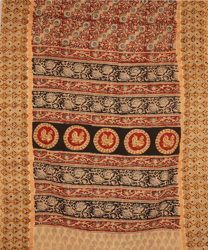 Red, black and beige cotton handblock printed kalamkari saree