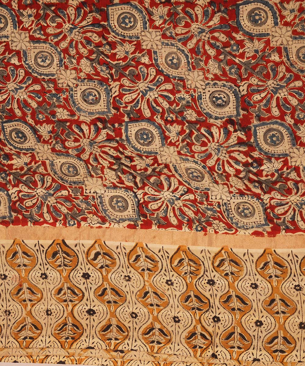 Red, black and beige cotton handblock printed kalamkari saree