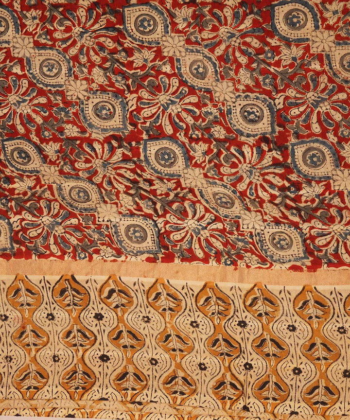 Red, black and beige cotton handblock printed kalamkari saree
