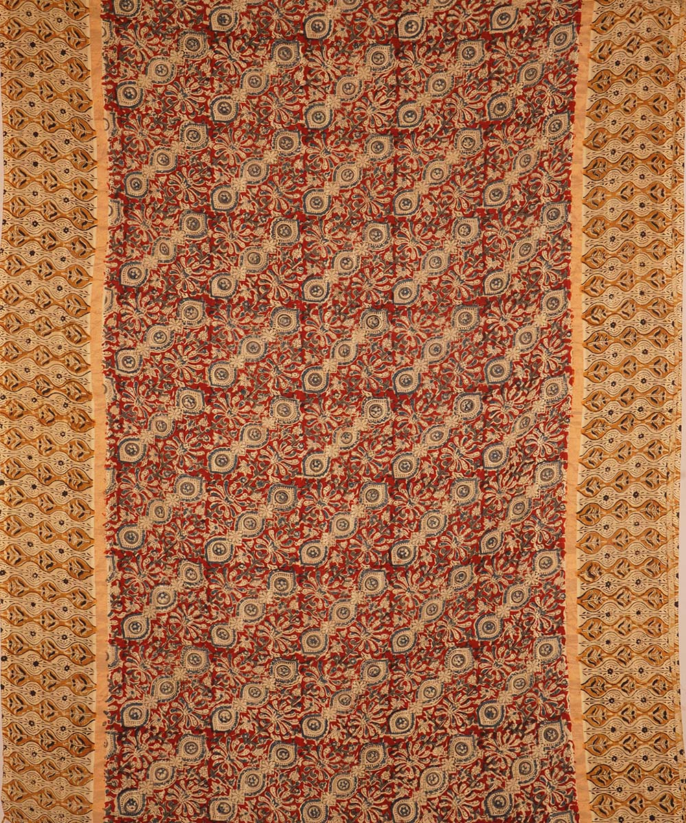 Red, black and beige cotton handblock printed kalamkari saree