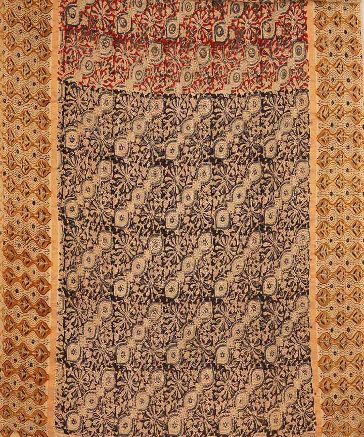 Red, black and beige cotton handblock printed kalamkari saree