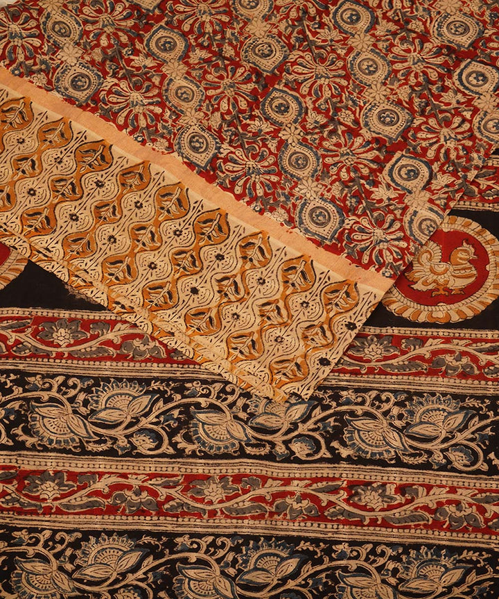 Red, black and beige cotton handblock printed kalamkari saree