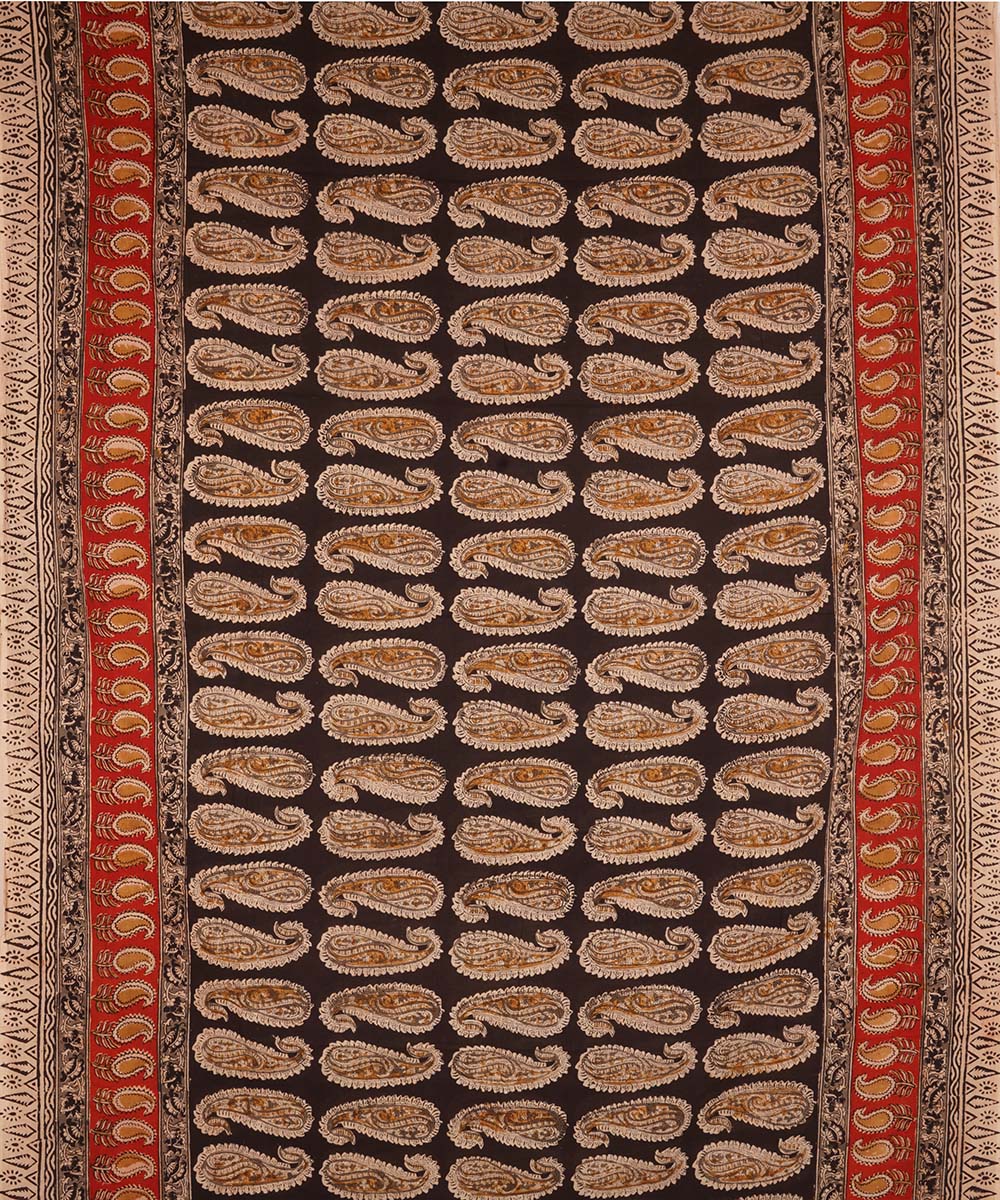 Black beige paisley motif cotton handblock printed kalamkari saree