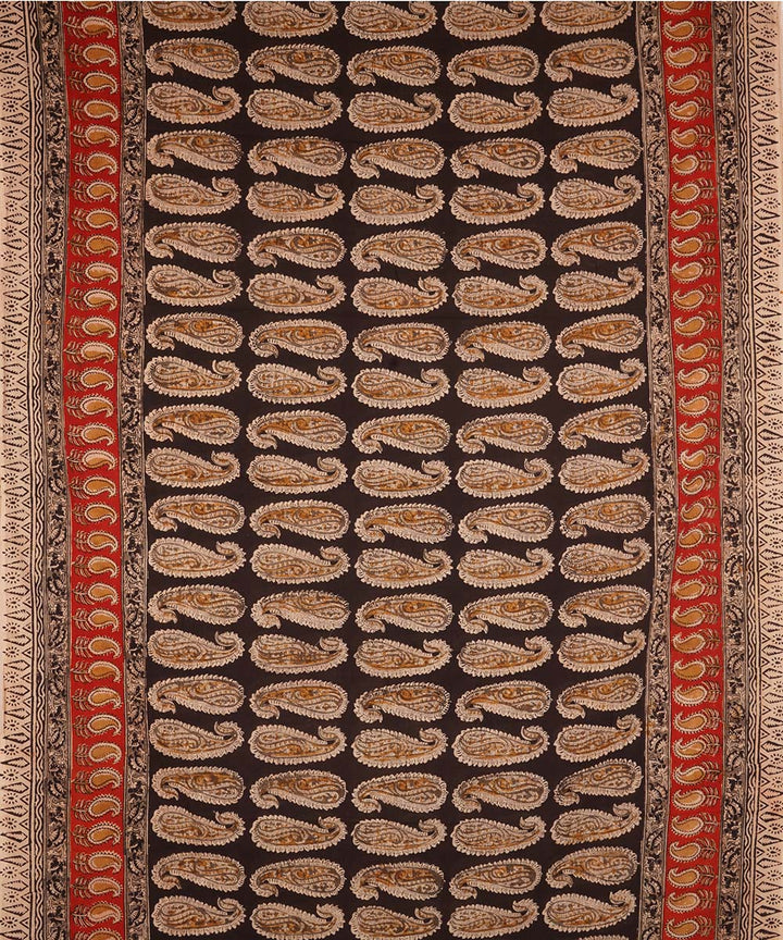 Black beige paisley motif cotton handblock printed kalamkari saree