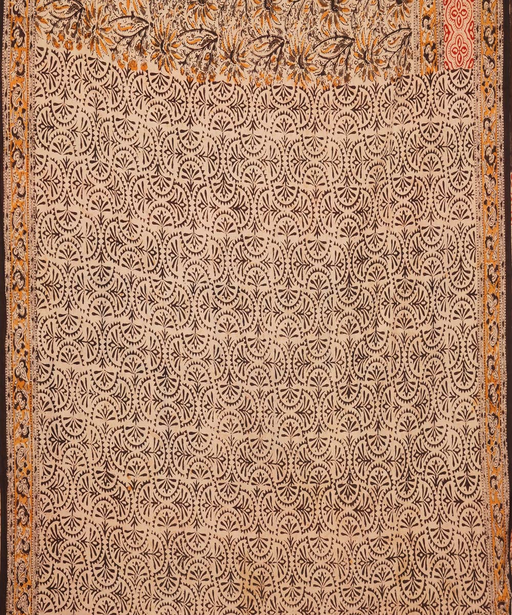 Beige, red and white cotton handblock printed kalamkari saree