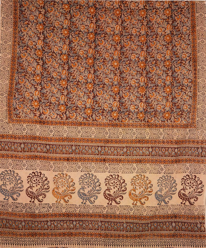 Beige white peacock motif cotton handblock printed kalamkari saree