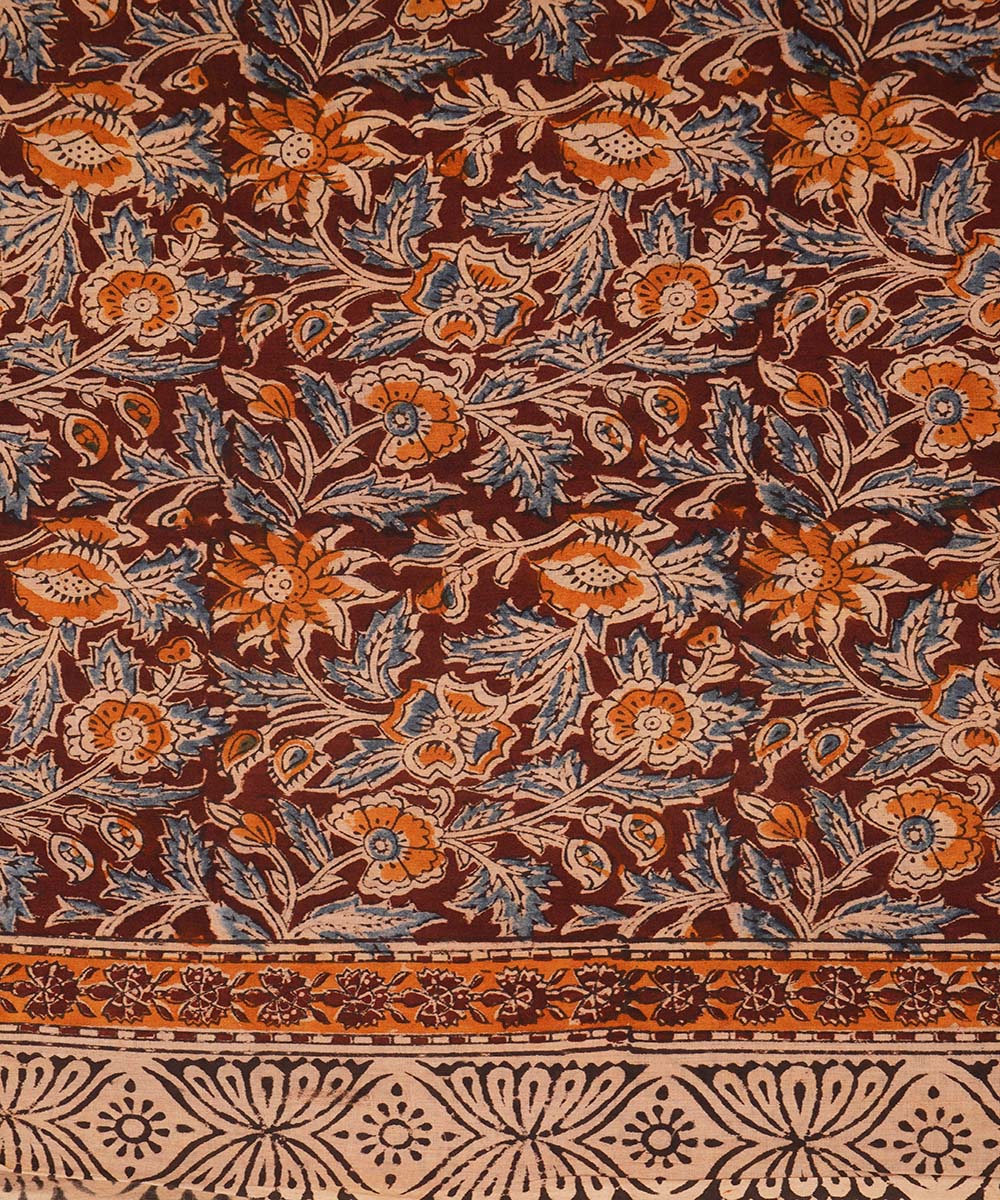 Beige white peacock motif cotton handblock printed kalamkari saree