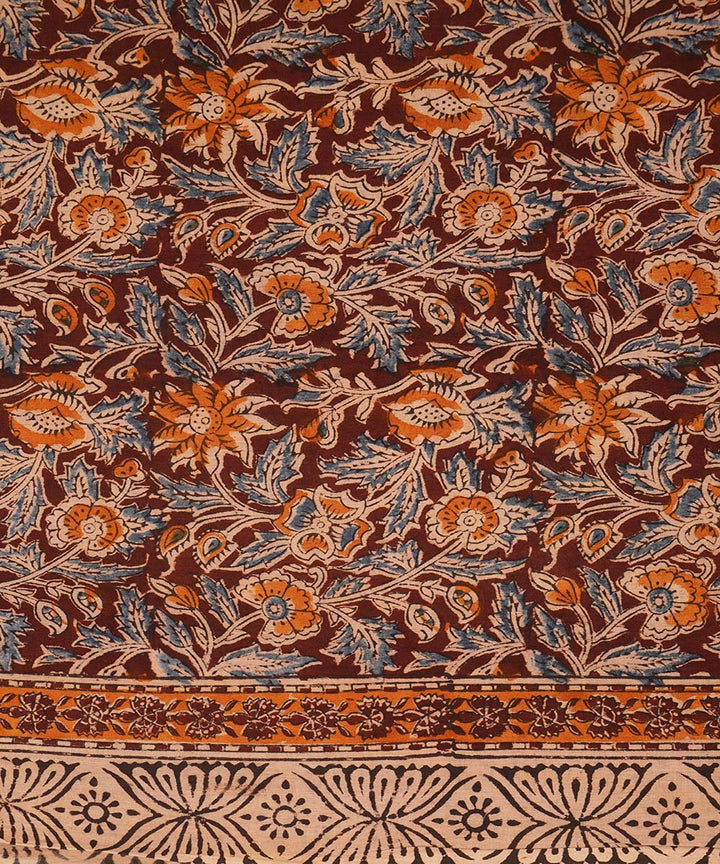 Beige white peacock motif cotton handblock printed kalamkari saree