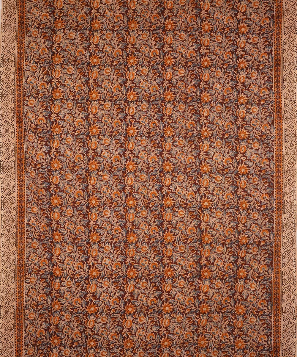 Beige white peacock motif cotton handblock printed kalamkari saree