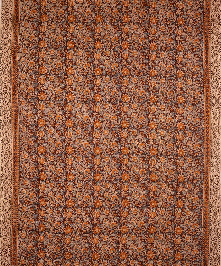 Beige white peacock motif cotton handblock printed kalamkari saree