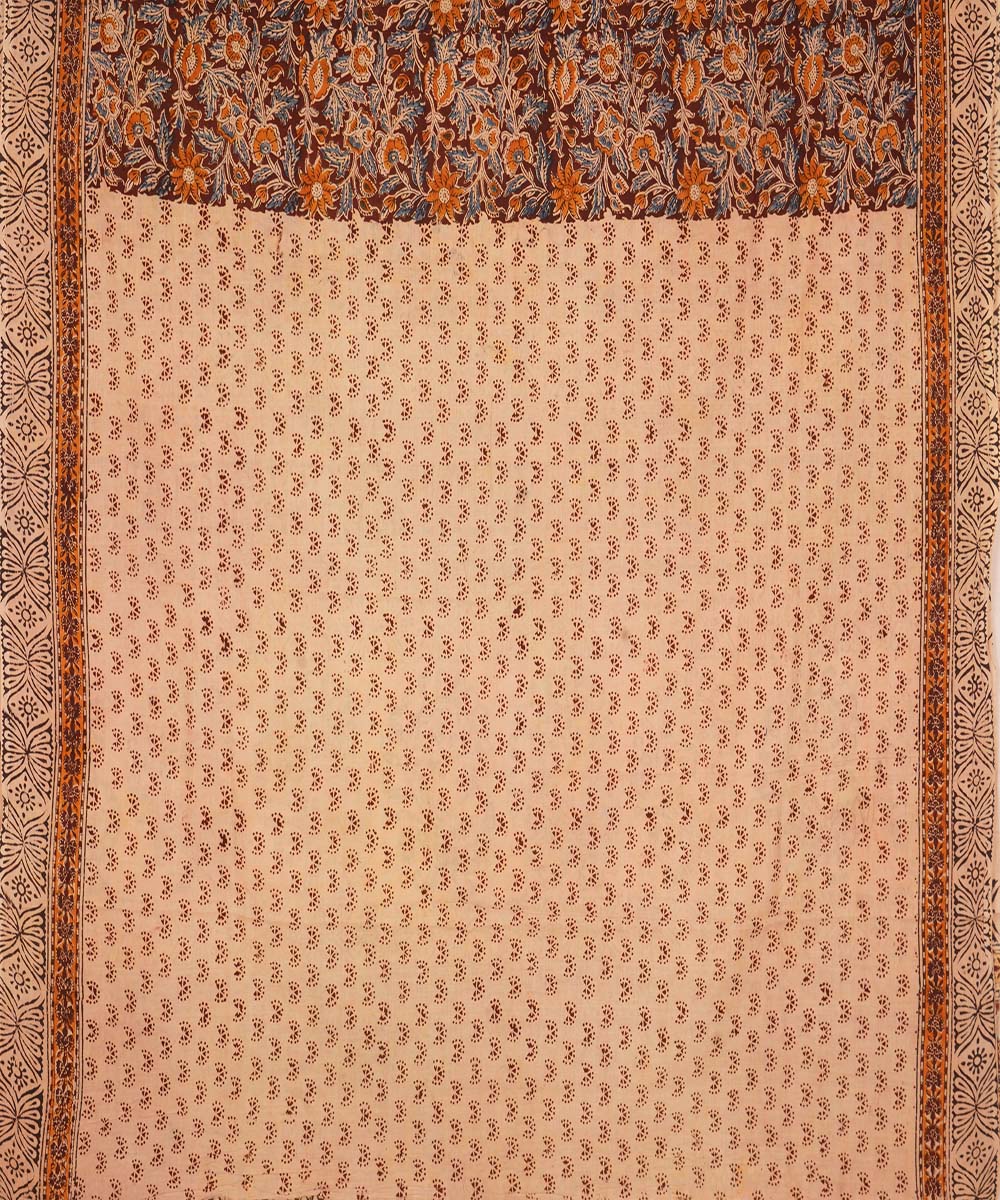 Beige white peacock motif cotton handblock printed kalamkari saree